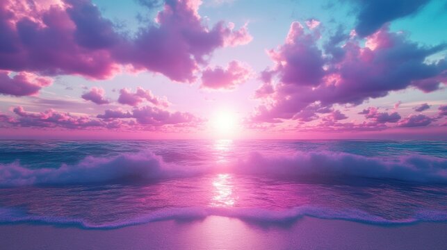 Stunning pink sunset over tranquil ocean waves and vibrant cloudscape