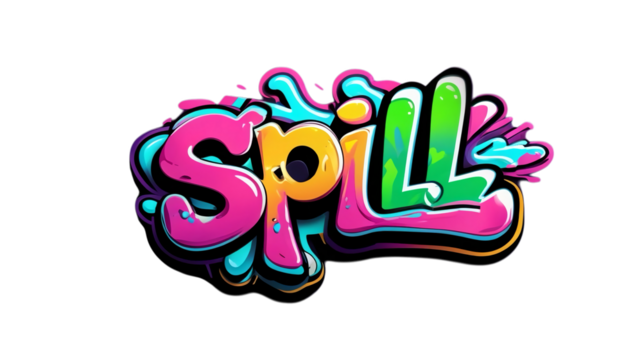 A swaggy and funky logo concept for "Spill" with vibrant colors, graffiti-inspired typography, and dynamic, playful elements