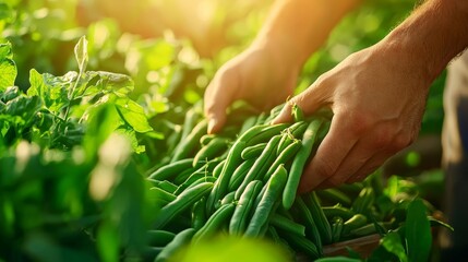 Close-up of workers harvesting fresh green beans in a well-maintained vegetable farm, illuminated by warm sunlight, emphasizing vibrant greenery, realism, sharp focus, natural tones
