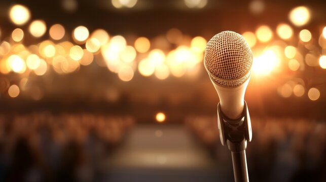 A bold female motivational speaker on a high-tech stage, engaging an audience with stories of success, diversity, and leadership in the STEM world