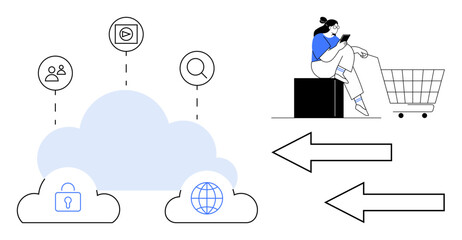 Woman uses smartphone on a black cube next to a shopping cart. Cloud connects symbols for security, world, people, video, search. Ideal for ecommerce, cloud computing, digital security global