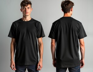 Man wears oversized black t-shirt. Front, back views on model. Casual attire. Blank design template for apparel. Unisex style. Casual, trendy. Loose fit. Simple minimalist fashion. Urban style.