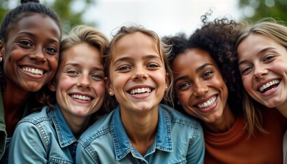 Fototapeta premium Multiracial young friends fun outdoors. Girls smiling, hugging. Look happy, friendly. Possible location park schoolyard. Moment about friendship, diversity. Captures positive social interaction,