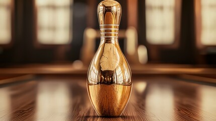 A classic bowling pin with a cracked, aged finish, standing proudly in a retro game room setting, alongside other timeless memorabilia