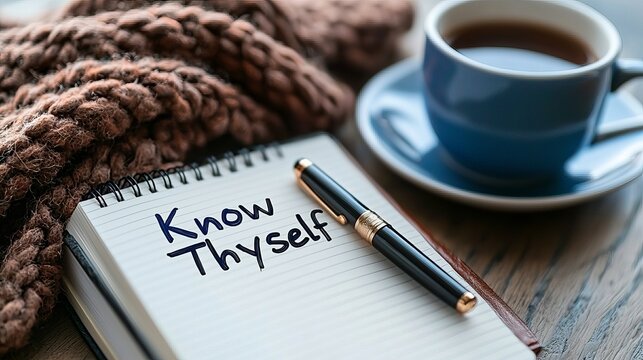 A cozy setting featuring a cup of coffee, a notepad with 'Know Thyself' written, and a knitted scarf.