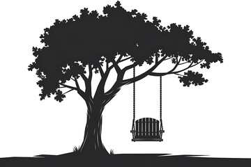 A black silhouette depicts a large tree with a hanging swing. Simple, peaceful, and evocative of outdoor relaxation and tranquility. The image is stark against a white background.