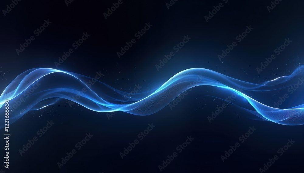 Poster abstract glowing blue waves pattern. dynamic fluid lines flow smoothly against dark background. mode
