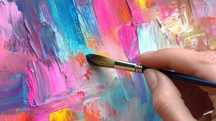 Close-up of hand painting vibrant abstract art with brushstrokes.