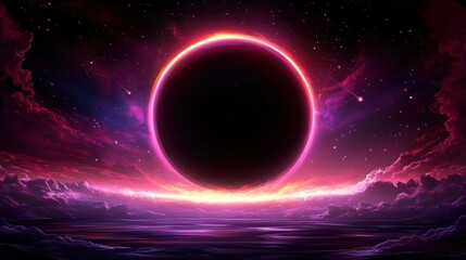 Fototapeta premium Mystical neon eclipse over ocean surrounded by cosmic clouds and comets