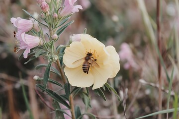 A honeybee actively collects pollen from a pale yellow flower. Surrounding it are delicate pink blossoms, creating a vibrant natural scene. The focus is sharp on the bee and flower.