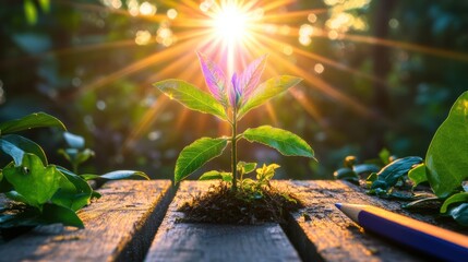 Young plant growing in sunlight on wooden table surrounded by nature