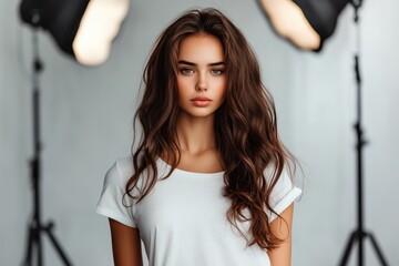 Fototapeta premium Brunette model posing in photo studio with lighting equipment