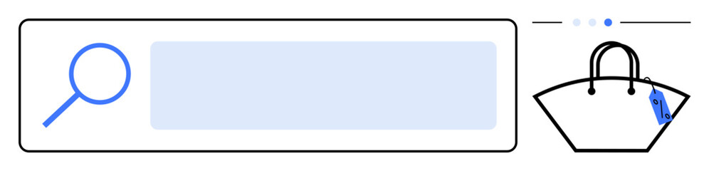 Magnifying glass highlighting a search bar and a shopping bag, representing e-commerce, online shopping, and search functionality. Ideal for themes thumbs up web search, online retail, digital