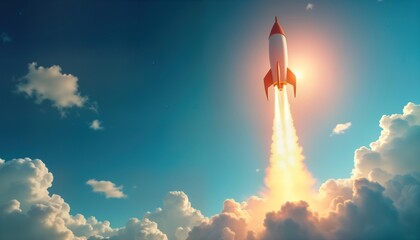 Rocket ascends sky. Launch into cloud formation. Innovative design concept. Future tech. Inspiration for startups. Creative idea. New innovation concept. Aspiration for success. Achievement