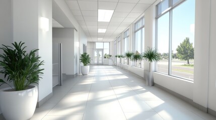 Fototapeta premium A clean, spacious corridor with tiled floors, large windows, and minimalist design elements.