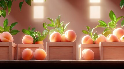 Sunlit peaches in wooden boxes with lush green leaves in a sun-drenched orchard