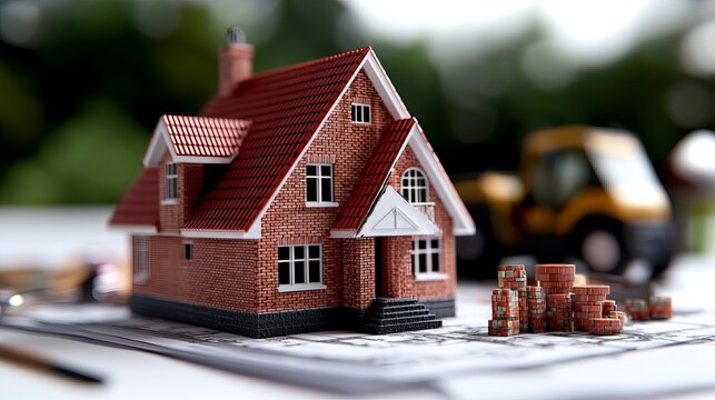 A detailed model of a house with a red brick exterior and a triangular roof, surrounded by construction materials.