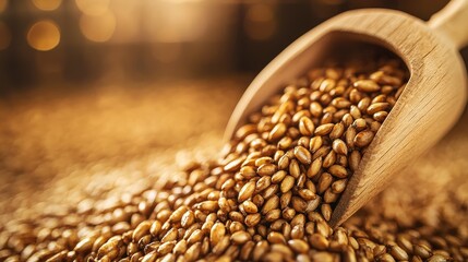 Richly detailed close-up of malt grains tumbling into a wooden scoop, evoking tradition and craft brewing culture