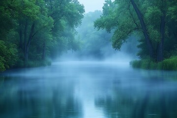 Serene Mist Shrouds Calm River Through Lush Green Trees