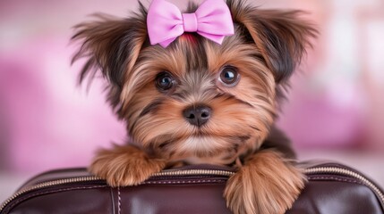 Adorable yorkie puppy with pink bow posing on a bag