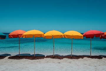 Colorful beach umbrellas line a tranquil ocean shore