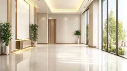 A contemporary hall with smooth tiles, metallic accents, and clean lines.
