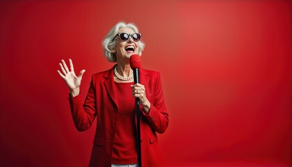 Elderly woman enjoys singing live with enthusiasm. Senior female performer in red outfit performs with microphone against red background. Happy expression on face. Enjoys performance. Studio setting