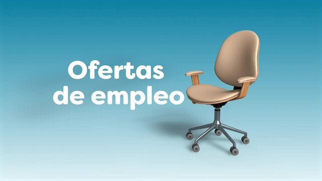 Office chair rolls in and stops, with 'Ofertas de empleo' on a blue background. 'Job offers' in Spanish. 3D render. Recruitment concept.