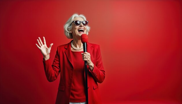 Elderly woman enjoys singing live with enthusiasm. Senior female performer in red outfit performs with microphone against red background. Happy expression on face. Enjoys performance. Studio setting