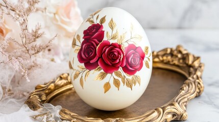 Decorative egg with red roses on vintage gold tray for elegant home decor