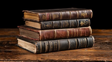 Naklejka premium Close-up of a stack of antique books with worn leather bindings, intricate gold embossing on spines, resting on a vintage wooden table