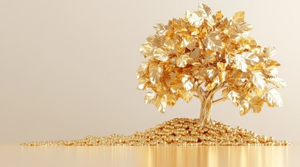 Golden tree on pile of pearls: symbol of wealth and prosperity in luxurious setting