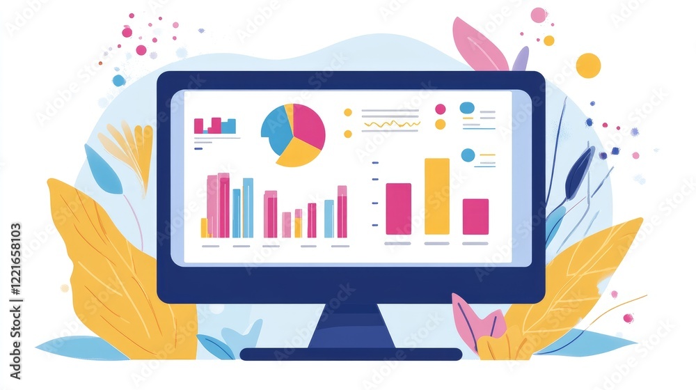 Poster a digital marketing dashboard with graphs and stats on a modern computer screen.