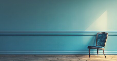 Blue Chair Against Empty Wall with Wood Flooring and Copy Space for Web Banner
