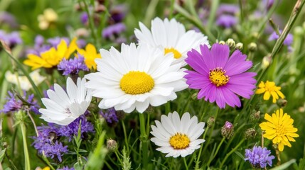 Vibrant wildflower meadow with daisies, cosmos, and diverse blooms