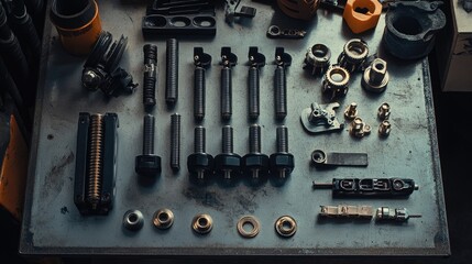 A flat lay of car components like spark plugs, brake pads, and belts arranged on a steel table.