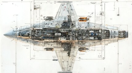 Fototapeta premium Detailed Cross-Section of a Fighter Jet: A Technical Illustration