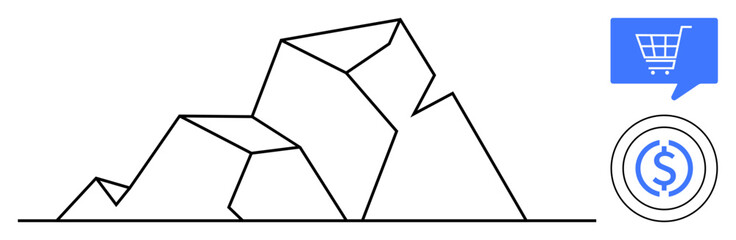 Geometric mountain outline with adjacent blue shopping cart icon in speech bubble and blue circular currency symbol. Ideal for retail, finance, e-commerce, economy, business strategy, investment