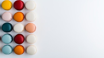 Close-up arrangement of macaroons in a rainbow of colors, placed symmetrically on a plain white background for a minimalist aesthetic