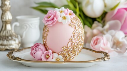 Fototapeta premium Elegant decorative egg with gold floral lace and pink flowers on vintage tray