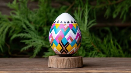 Fototapeta premium Colorful geometric patterned egg on wooden stand with green foliage background