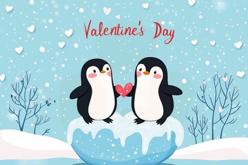 Obraz premium Two cute cartoon penguins atop heart shaped ice floe, greeting card