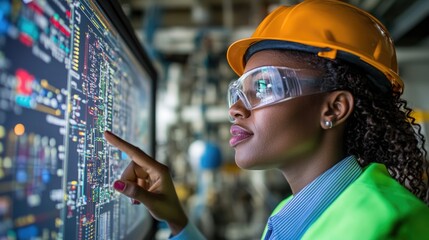  Scada engineers operator controller working with data base from Scada system on computer screen at green power plant factory.