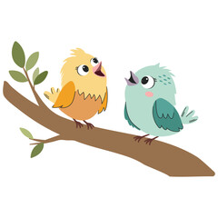 Cute flat vector illustration on white background. Two cute birds sitting on a branch