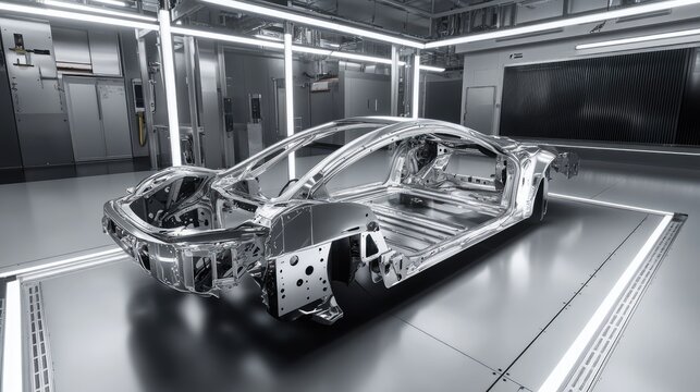 A modern automotive assembly line producing lightweight aluminum car frames.