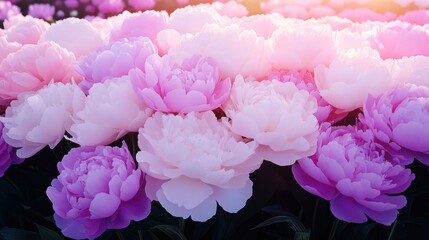 Fototapeta premium Vibrant pink and white peonies in full bloom with soft sunlight