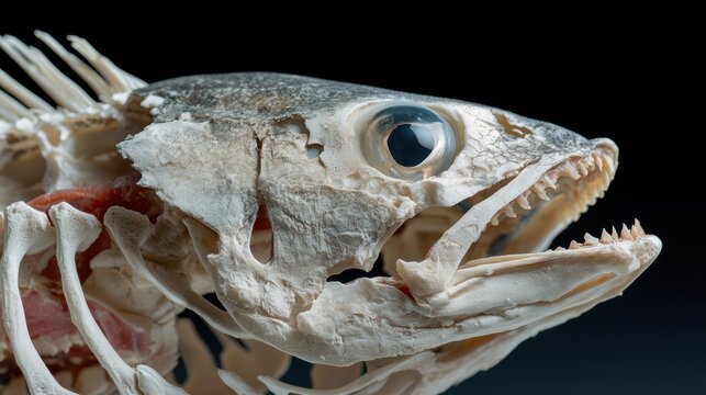 Close-up of a fish skeleton showcasing its detailed structure and features.
