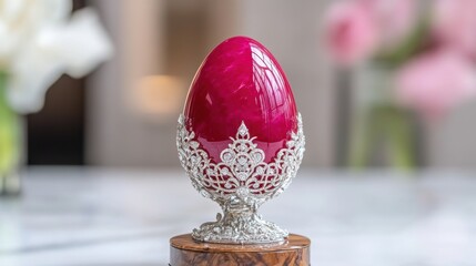 Ornate red decorative egg with intricate silver filigree on luxurious display