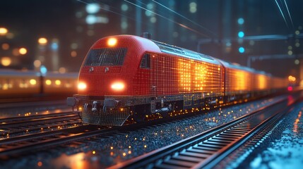 Futuristic Night Train:  Digital Railway in Cityscape