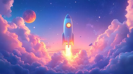 Rocket launching into space among colorful clouds digital art fantasy environment inspirational viewpoint